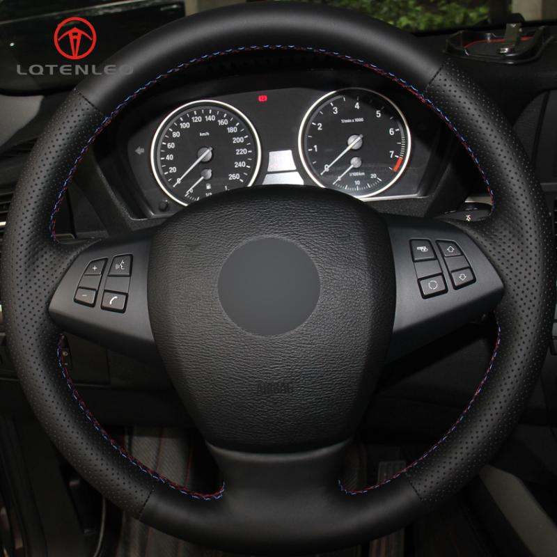 

LQTENLEO Black Genuine Leather DIY Hand-stitched Car Steering Wheel Cover for X5 E70 2006-2013