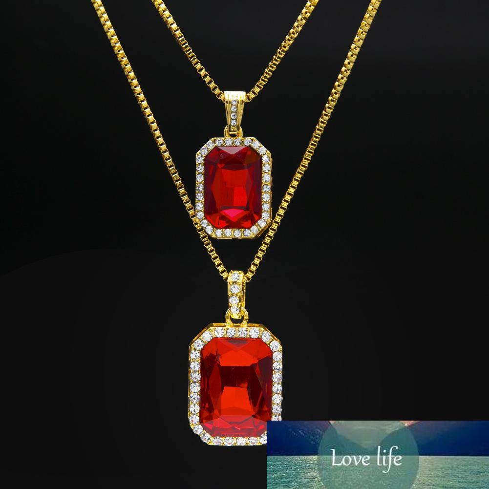

2pcs Ruby Necklace Set Silver Gold Plated Iced Out Square Red Bling Rhinestone Pendant Necklace Hip Hop Jewelry Box Chain