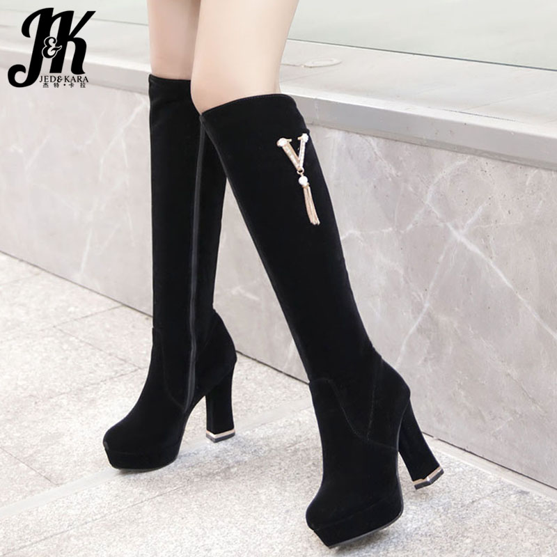 

JK Platform Boots Women Metal High Heels Thick Boot Ladies Round Toe Flock Party Shoes Female Knee High Shoes Winter 2020 New, Red short plush