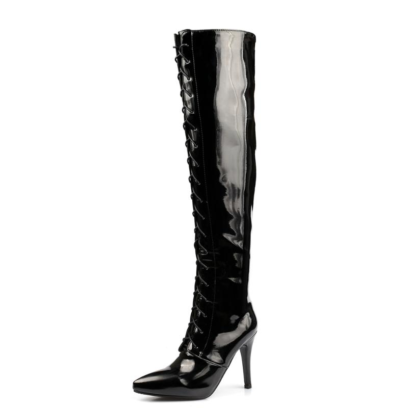 

Pointed Toe Super High Stiletto Heel European And American Fashion Boots Cross-Lace Snake Print Lace-Up Over-The-Knee Boots, Black patent leather