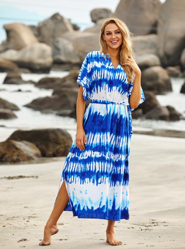 

Blue Bohemian Striped Bikini Cover-up Casual V-neck Loose Summer Dress Cotton Tunic Women Beach Wear Bathing Suit Cover Up, Print