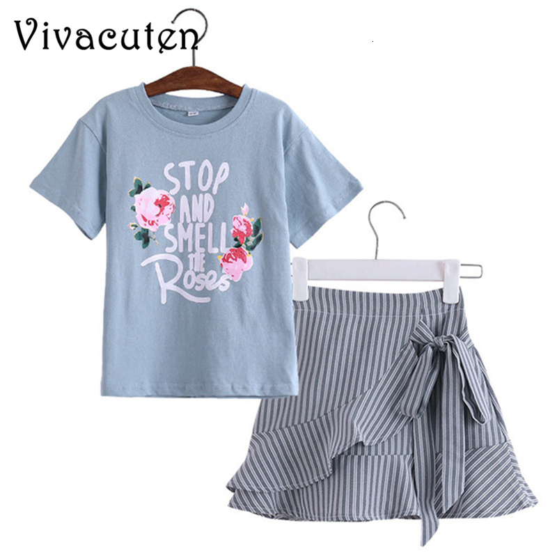 

Girls Summer Cotton Floral Tees + Striped Bow Skirt 2 Pcs Clothes Set Child Casual Sets For Girls School Teenage Outfits Clothes, Pink