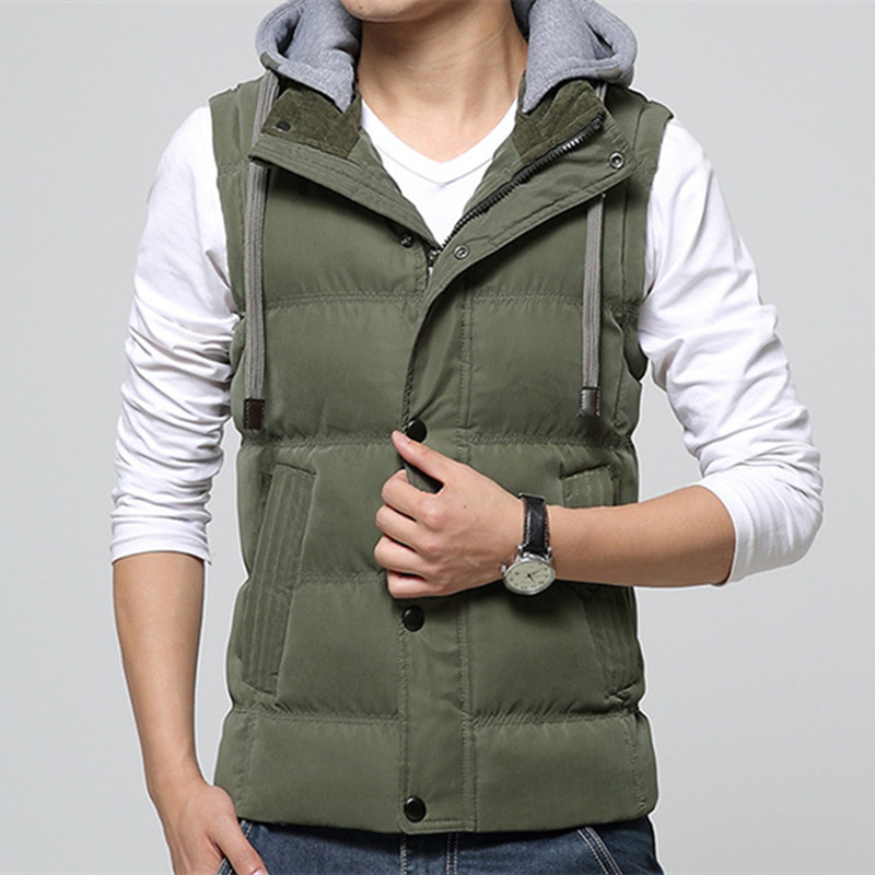 

High Quality Men Casual Vest Winter Coat Hat Detachable Men Waistcoat Sleeveless Jacket Solid Outwear Vest 5 Colors Male, Blue