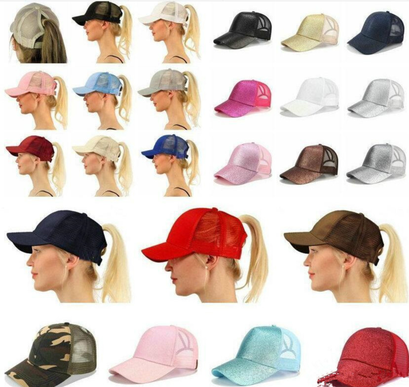 

hot sale 29 Colors Glitter Ponytail Ball Cap Messy Buns Trucker Ponycaps Plain Baseball Visor Cap Glitter Ponytail Hats JXW265