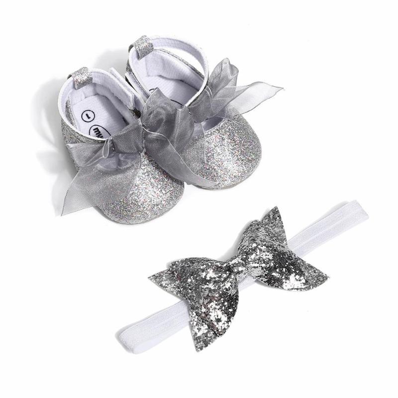 

Cute Baby -12M Princess Girls soft bottom Prewalkers with bow + Headband 2PC Kids shoes set, Black
