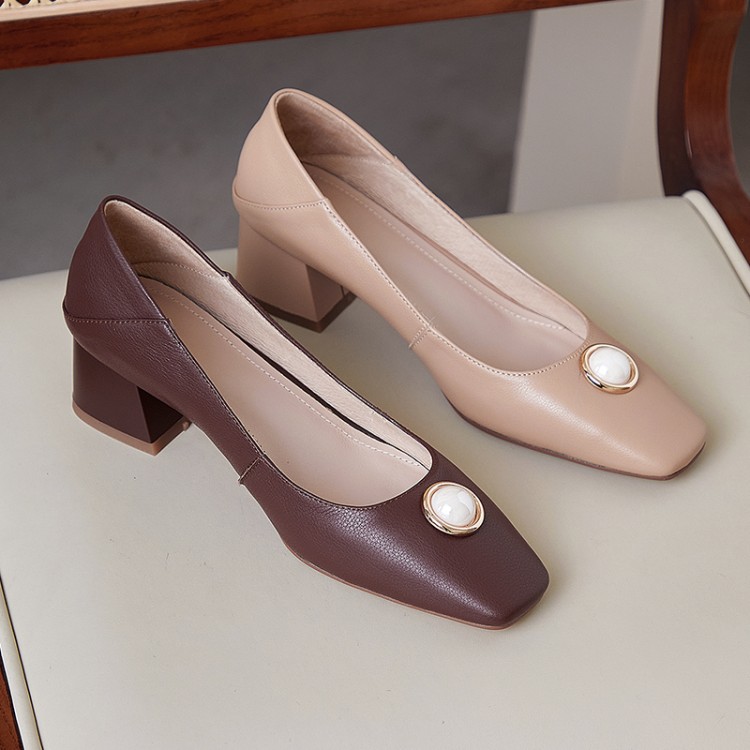 

kmeioo Elegant office shoes woman shallow pumps square toe chunky heels pearl block heels ladies shoes, Brown