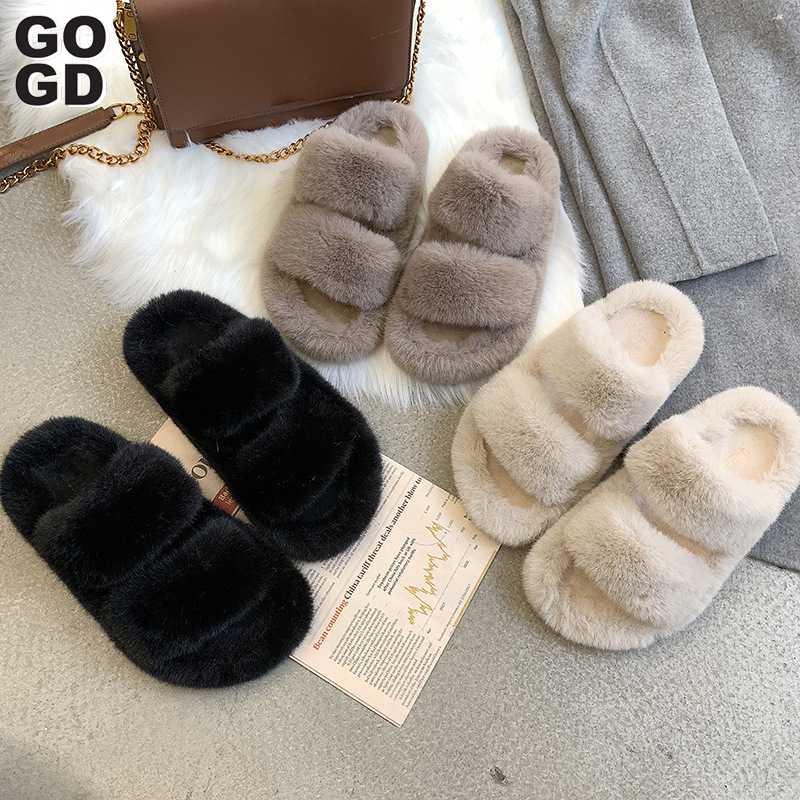

GOGD]women slippers furry fluffy flat shoes household slippers women 2020 new summer fashion all-around breathable shoes, Beige