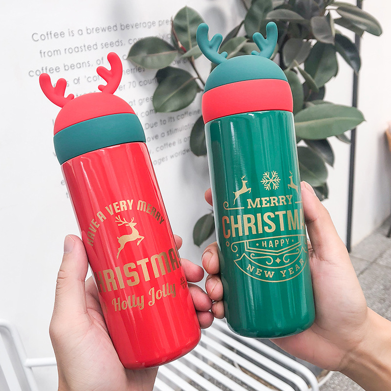 

350ml Cartoon Antlers Christmas Reindeer Tree Pattern Heat-insulation Cup Stainless Steel Water Bottle Couple's Gift 6~12 Hours