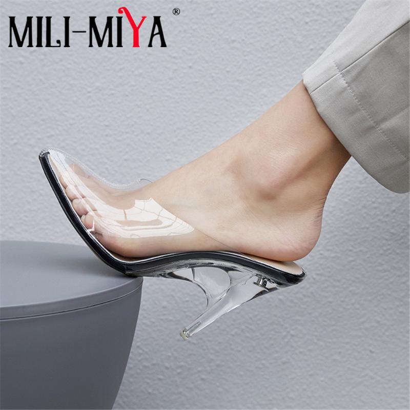 

MILI-MIYA New Arrival Crystal High Heels Women Sandals Slip On Summer Ladies Mules Shallow Slingback Party Wedding Shoes Size 41, Black