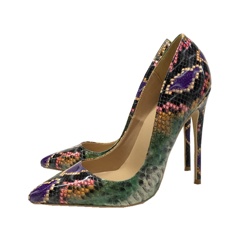 

2020 New Purple Snakeskin Type Celebrity High Fine Heels 12CM Pointed Toe Shallow Mouth Single Shoes Banquet Pumps Big Size US13, Assorted