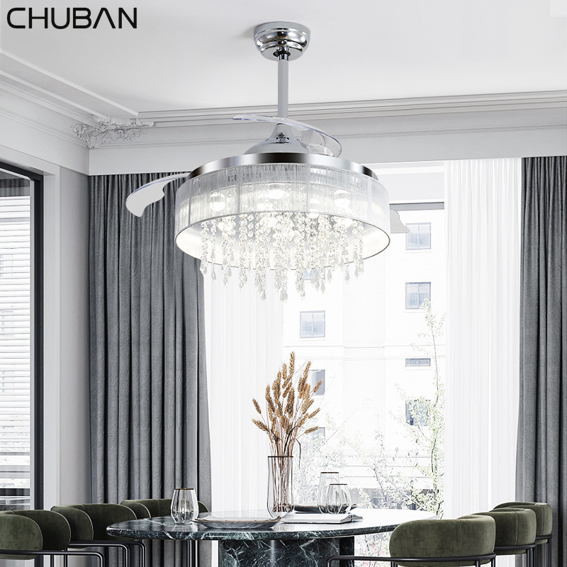 

42 Inch Silver Crystal LED Invisible Fan Light with Remote Control Adjustable Lighting Wind Speed Fan Lamp Cieling Classic