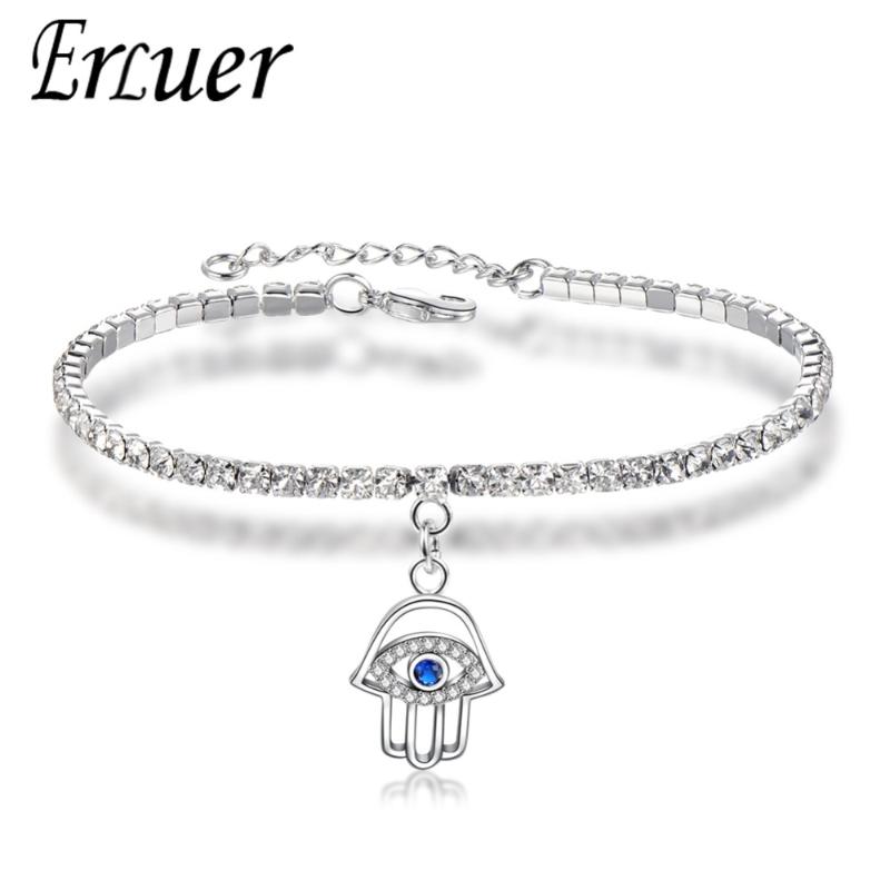 

ERLUER Trendy Silver Color New blue eyes Hamsa Hand Adjustable Cubic Zirconia Charm Bracelets For Women Fashion Jewelry gift