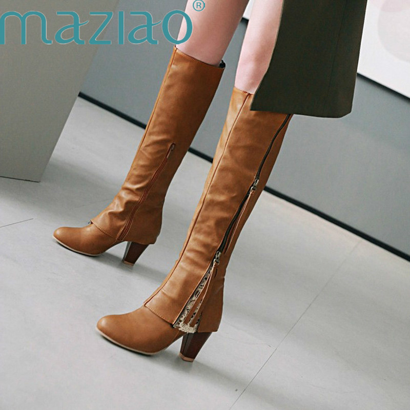 

Flock Zipper Fashion Patchwork Women Winter Boots Shoes Long Boots Women Round Toe Square heel High party Shoes MAZIAO, Black