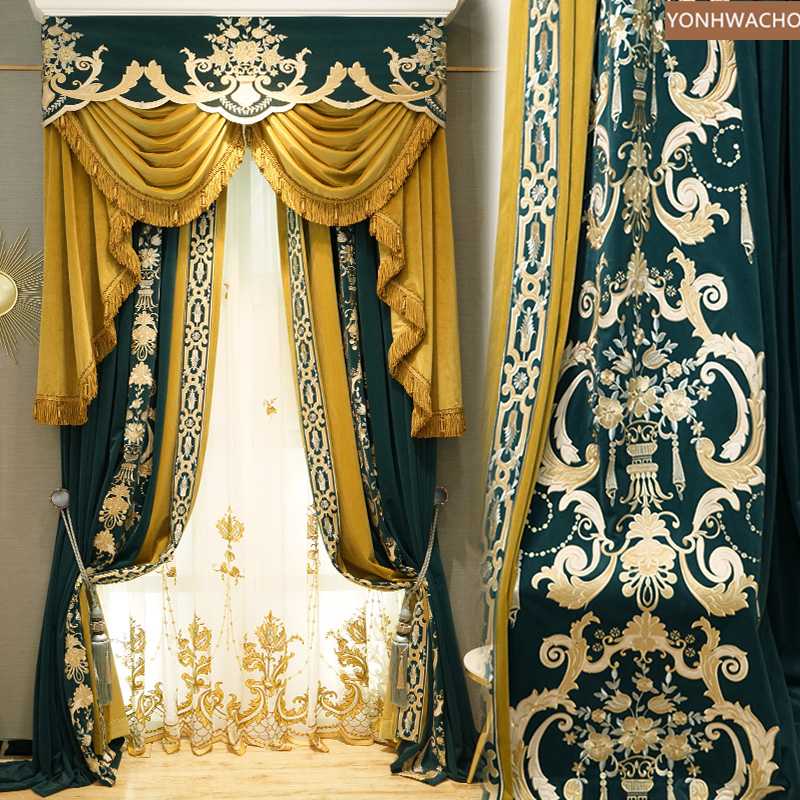 

Custom curtain luxury villa flannel embroidery American bedroom blue velvet cloth blackout curtain valance tulle panel C328