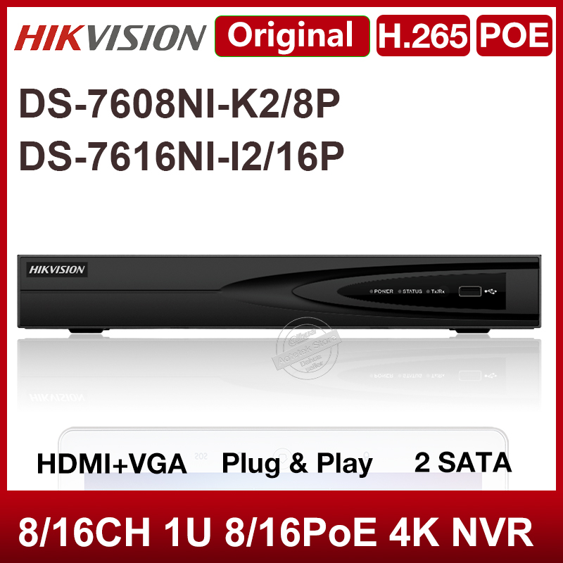 

Hikvision Original DS-7608NI-K2/8P DS-7616NI-I2/16P Network video recorder H.265 2SATA 8/16POE 8/16CH 1U 4K NVR Plug & Play HIK