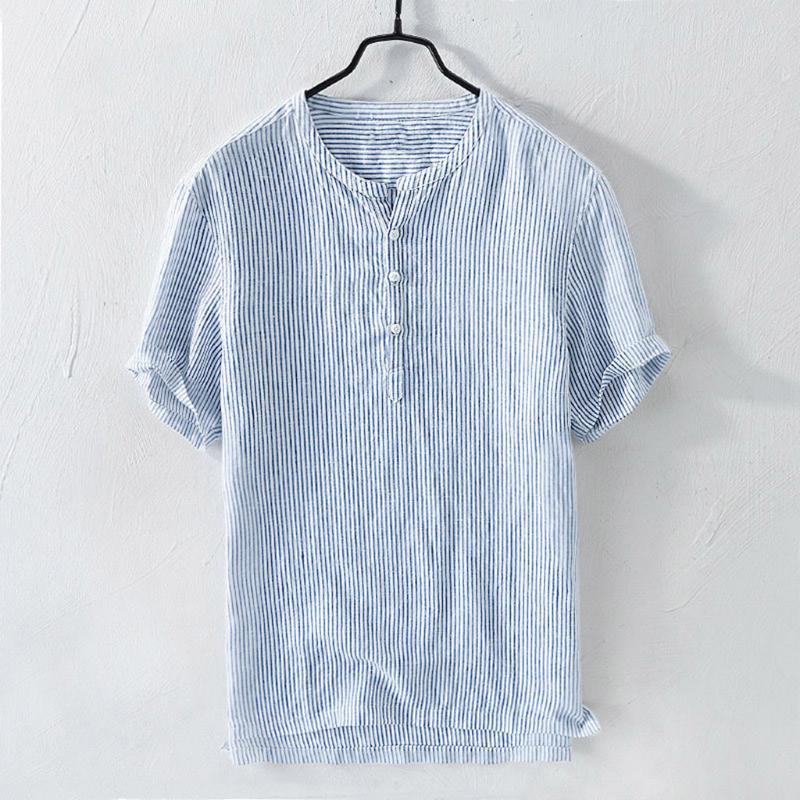 

shirt men streetwear chemise homme summer men shirt Line Cool Thin Breathable Stripe Button Cotton Short Sleeve T522, Bu