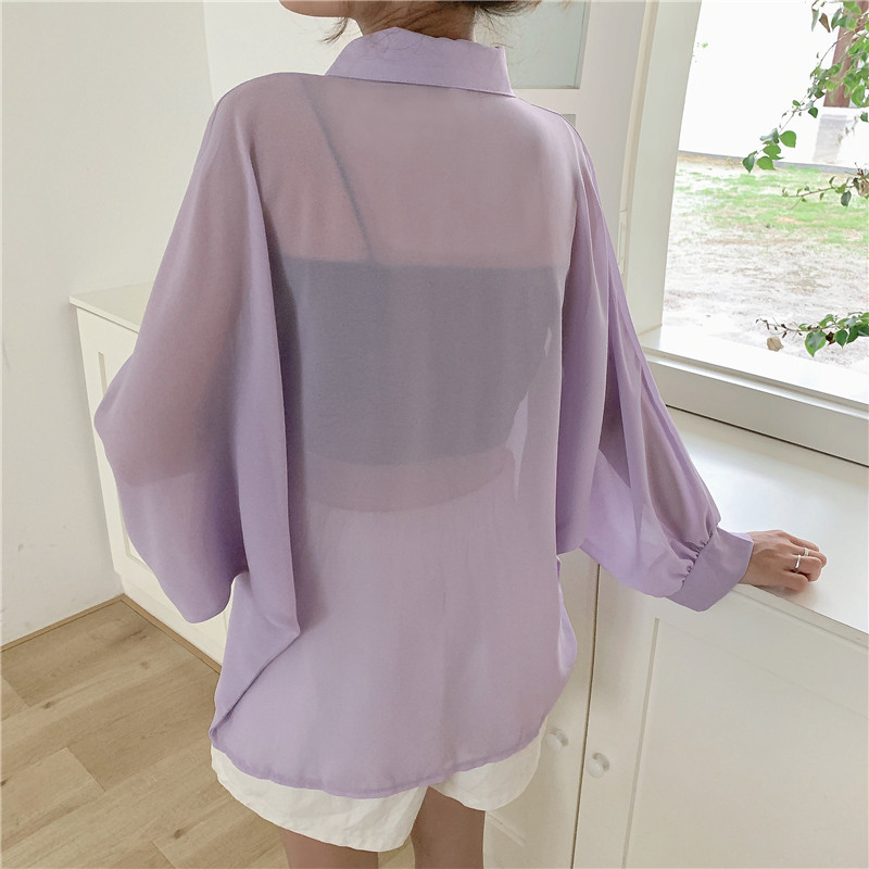 

Casual Perspective Blouse women Korean Summer Autumn Long Sleeve Blouse Ladies Tops Loose Shirts blusas mujer, Purple