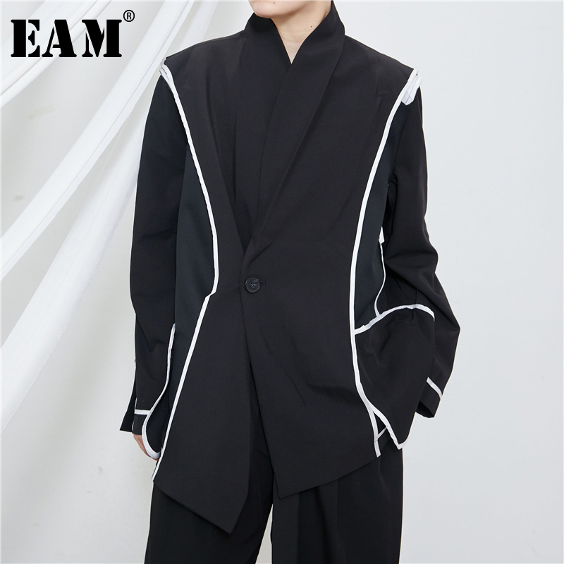 

EAM] Women Black Split Joint Bandage Blazer New V-collar Long Sleeve Loose Fit Jacket Fashion Tide Spring Autumn 2020 1X941