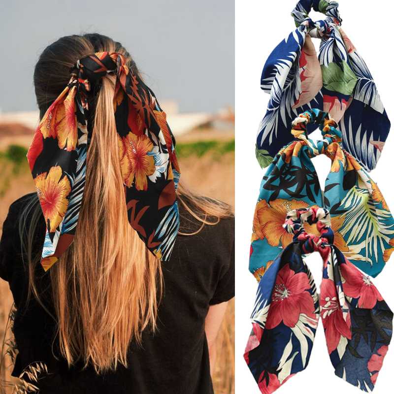 

Vintage Bohemia Ponytail Hair Scarf Elastic Hair Rope for Women Bow Ties Scrunchies Bands Flower Print Ribbon Headbands