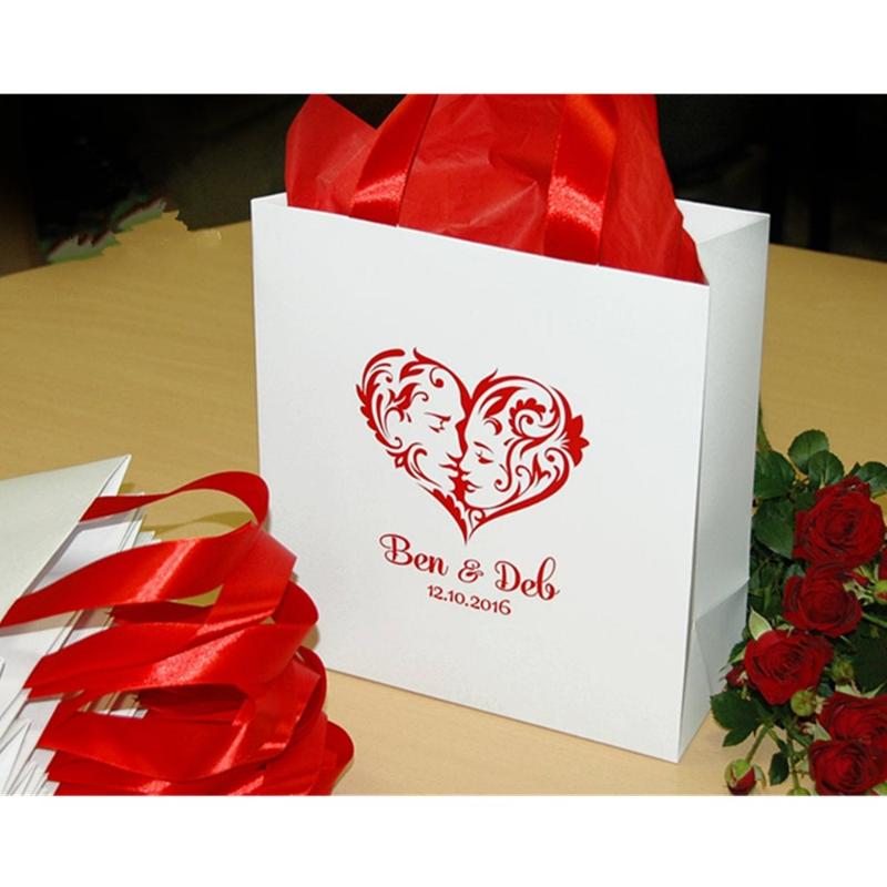 

Personalized Romantic Red Heart Wedding Gift Bags with satin ribbon and names Custom Elegant Paper Bag White and Red bags