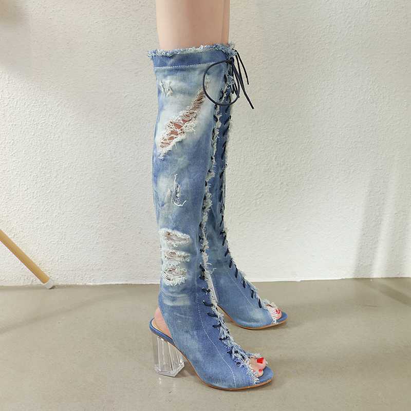 

Womens Denim Jeans Over The Knee Boots Lace Up Peep Toe Slingbacks Sandals Clear Transparent Block High Heel Summer Shoes C020, Sky blue