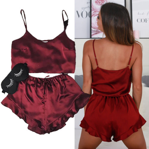 

Sexy Women Satin Sleepwear Babydoll Lingerie Nigdress Pajamas Set 2pcs, Wine red