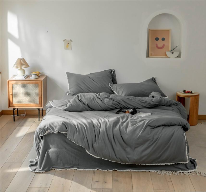 

New Arrival 3/4pc Soft Cotton Jersey Knitted Bedding Set With Lace Single Queen King Size Dekbedovertrek Grey Housse De Couette