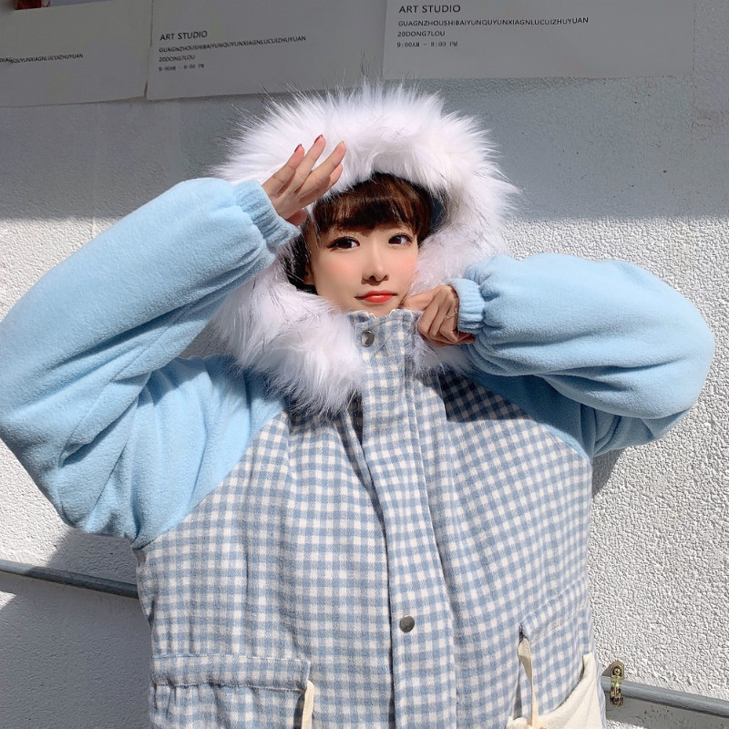 

Make firm offers * spot * Japanese sen female lattice cotton-padded clothes add hair thickening cotton-padded jacket coat to kee, Blue