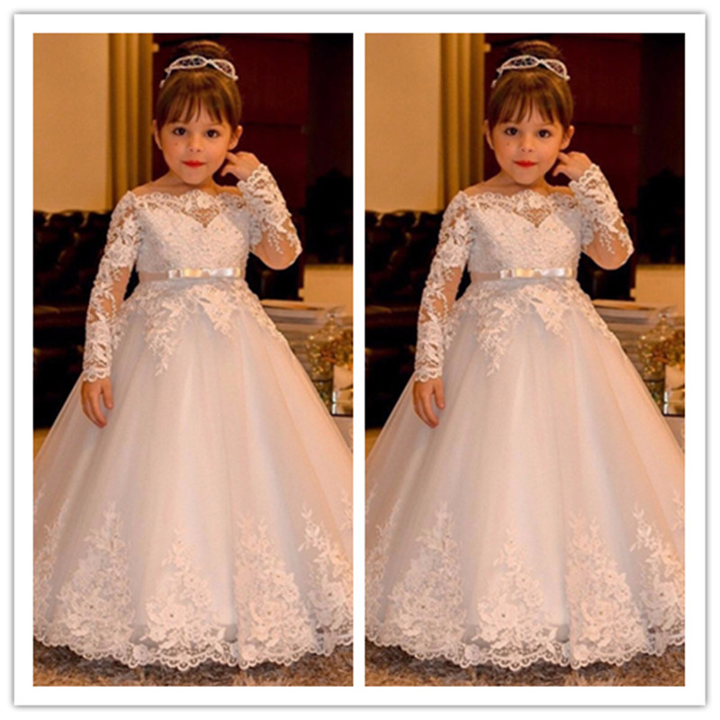 

Elegant Lace Long Sleeve Boat Neck Vintage Princess Flower Girls Dresses for Weddings Girl Pageant Gowns Holy Communion Dresses, Same as image