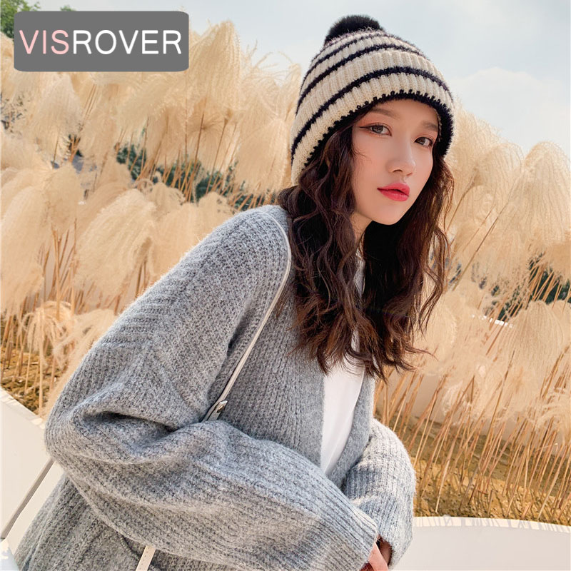 

VISROVER 7colorways acrylic striped winter hat for woman striped bonnet autumn strip beanies warm soft winter skullies cap gift