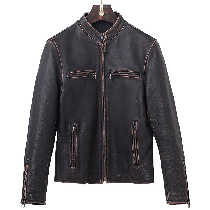 

2020 Vintage Black Men Slim Fit Biker's Jacket Large Size XXXXL Genuine Cowhide Autumn Short Motorcycle Leather Coat