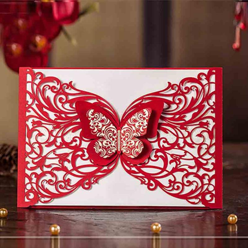 

50pcs/lot Wishmade Red Wedding Invitation Cards with Butterfly Chinese Style for Engagement Bridal Shower Customizable
