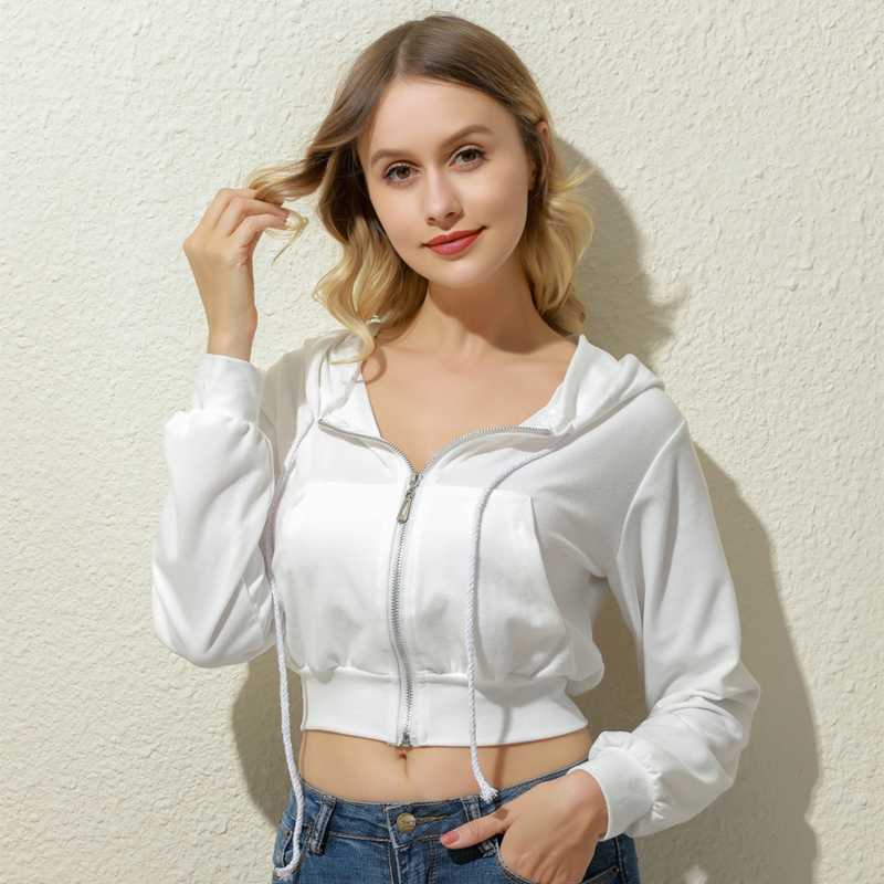 

Zip-Up Autumn Winter Women Hoodies Pocket Slim Crop Jacket Female Clothes Drawstring White Sexy Hoody Cotton Coats