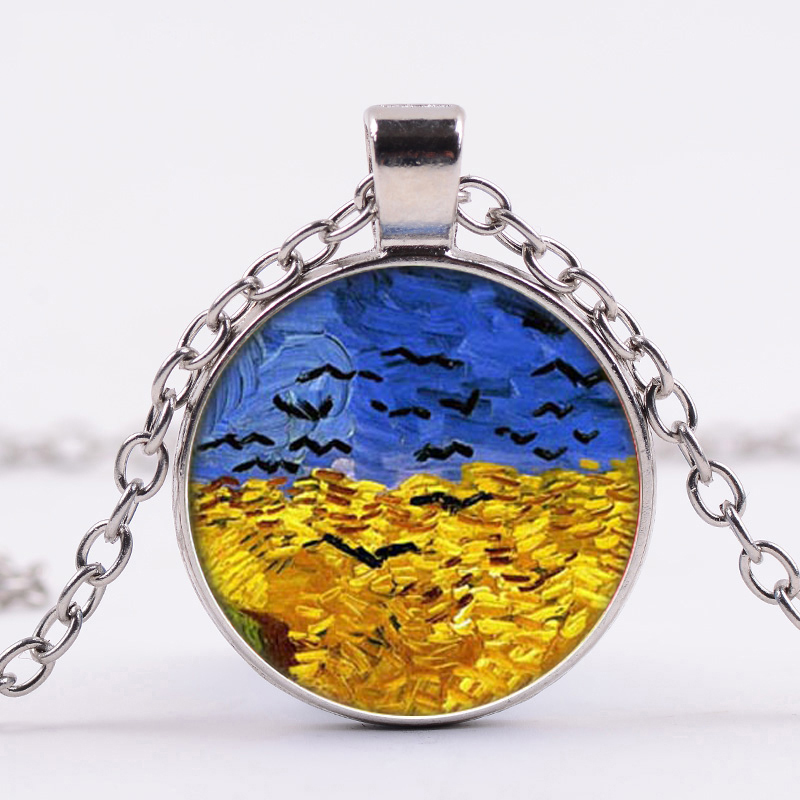 

Classic Van Gogh Starry Night Necklace Vintage Sunflower Painting Series Glass Round Pendant Silver Plated Chain Jewelry