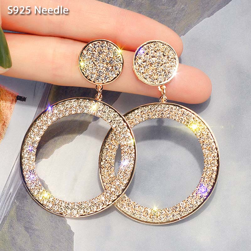 

925 Sterling Silver Needle Long Dangle Earrings for Women Jewelry Round Rhinestone Female Drop Earrings Bijoux