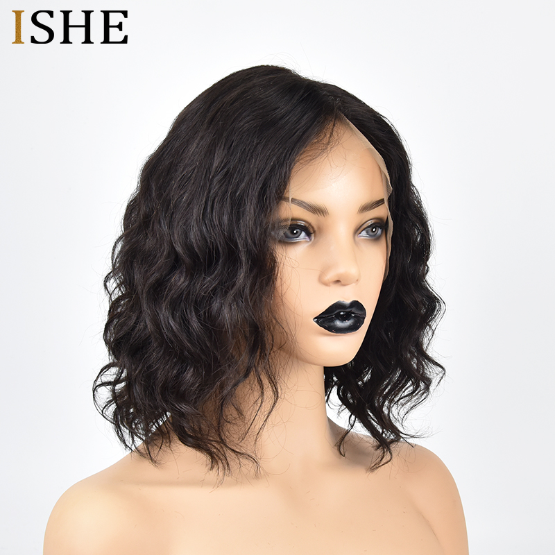 

13x6 Front Lace Human Hair Short Bob Wavy Wigs Pre Plucked Black Remy Brazilian Baby Hair Glueless Lace Frontal Wig For Women, Natural black