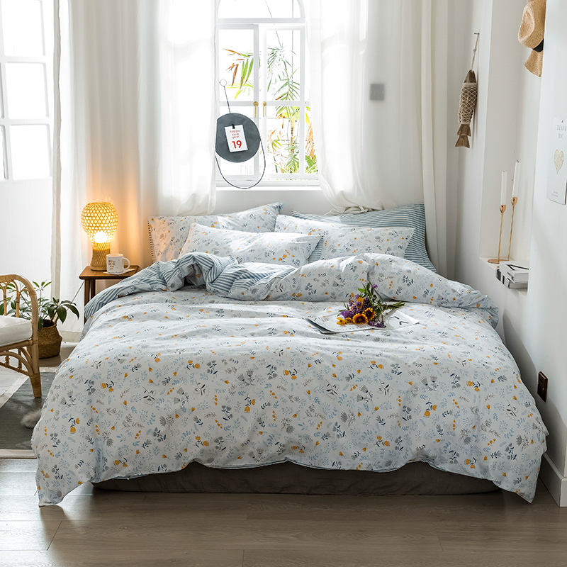 

100%Cotton Soft Bed sheet Duvet Cover Set Reversible Comforter case Pillowshams Single Double Bedding Set  Queen King size, Color 1