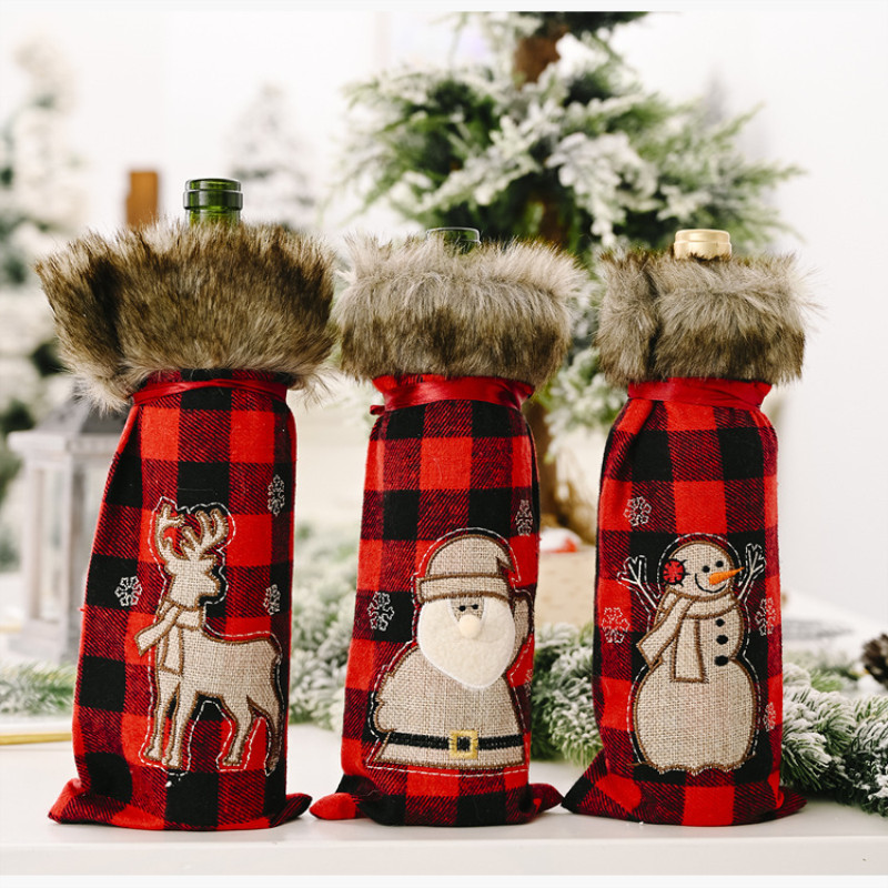 

Christmas Decorations Red Plaid Wine Set Creative Home Santa Claus Elk Champagne Bottle
