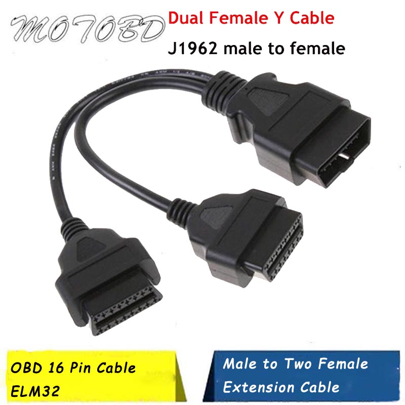

New J1962 OBD OBDII16 Pin OBD2 16Pin Male To Double Female Splitter Y Connector Extension Cable Suit for OBD II port work ELM327