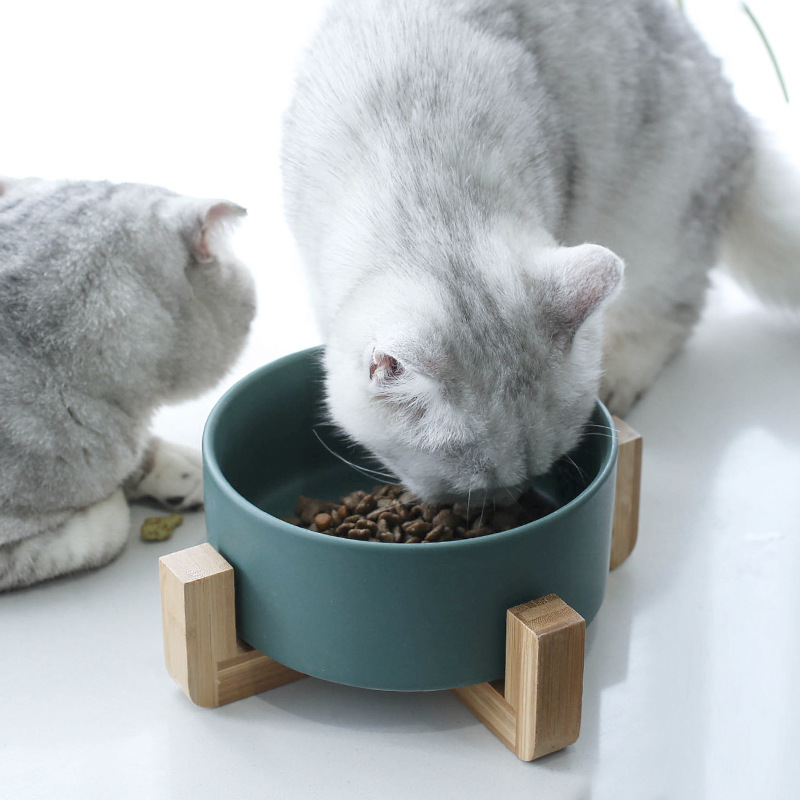 

850ml Cat bowl ceramic dog cat bowl water feeder pet with stand wood pet supplies