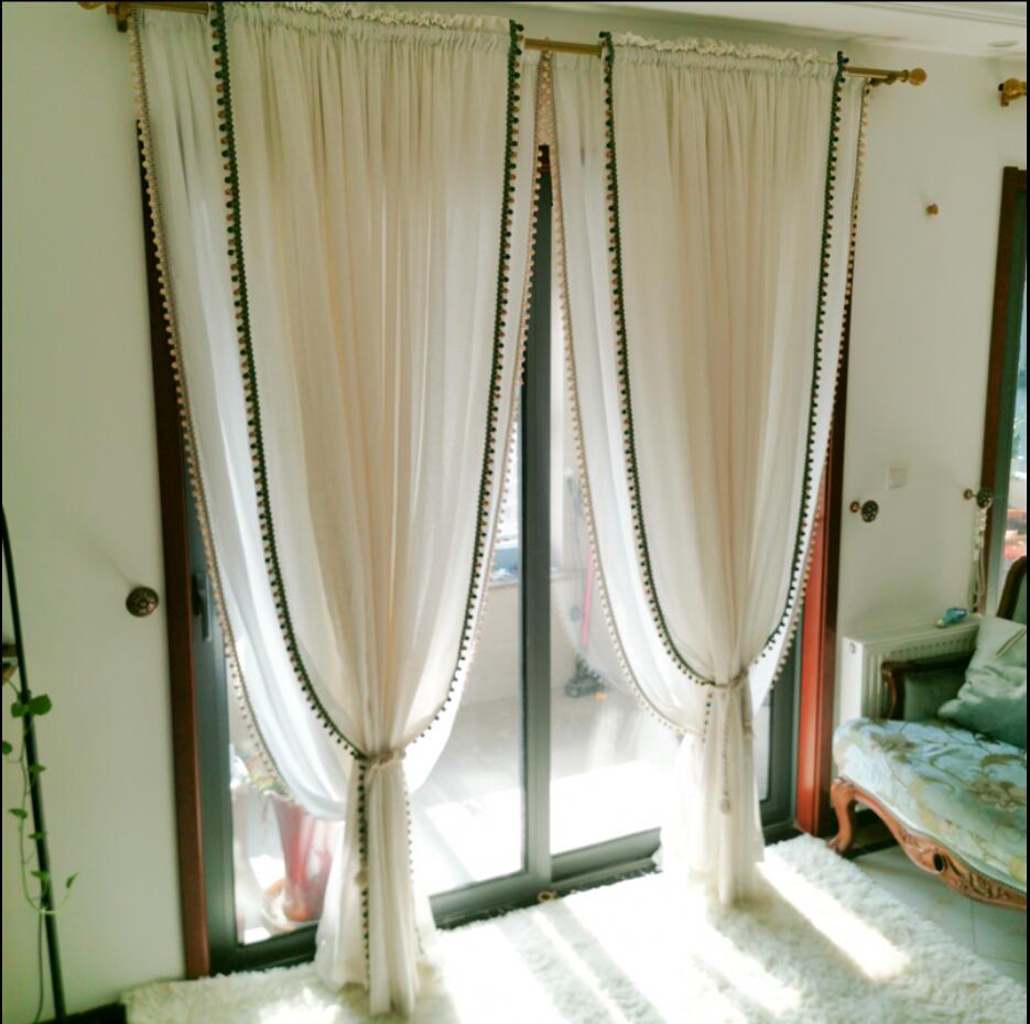 Tassel bead window curtain professional finished products raw color cotton and linen screen taste natural day casual simple spring-image-565872355