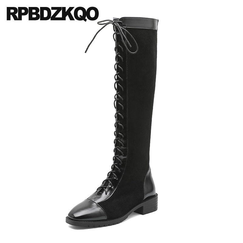 

square toe block knee high designer shoes women luxury 2020 fur long winter black boots thick chunky suede fashion tall lace up