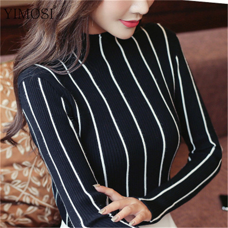 

2020 Autumn Winter Turtleneck Knitted Sweater Women Long Sleeve Slim Jumper Tops Korean Stripe Print Office Pullover, Mq005red