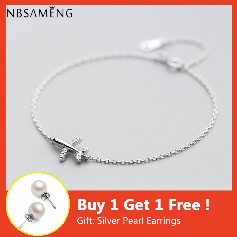

NBSAMENG 925 Sterling Silver Bracelet Crystal Aircraft airplane Plane Bracelets & Bangles Adjustable For Women Gift Jewelry