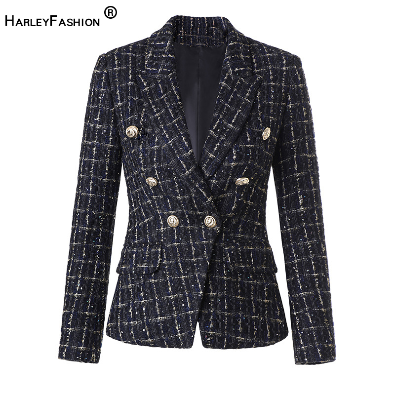 

HarleyFashion Autumn Winter Women Luxury Tweed Jacket Slim Design Casual Thick Gold Thread Femal Plaid Blazer High Quality, Black