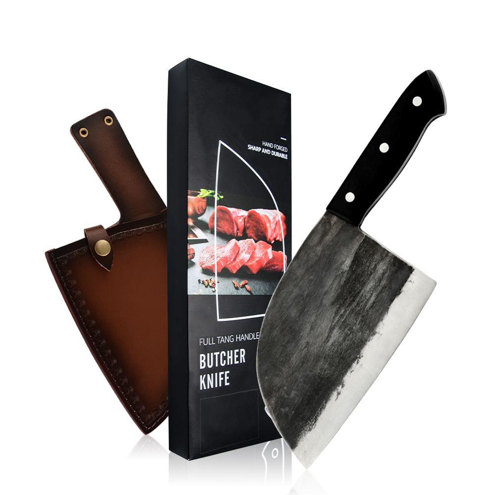 

XYJ Full Tang Butcher Knife Serbian Chef Handmade Forged Kitchen Chef Knife High Carbon Clad Steel Butcher Cleaver with Leather Knife Sheath