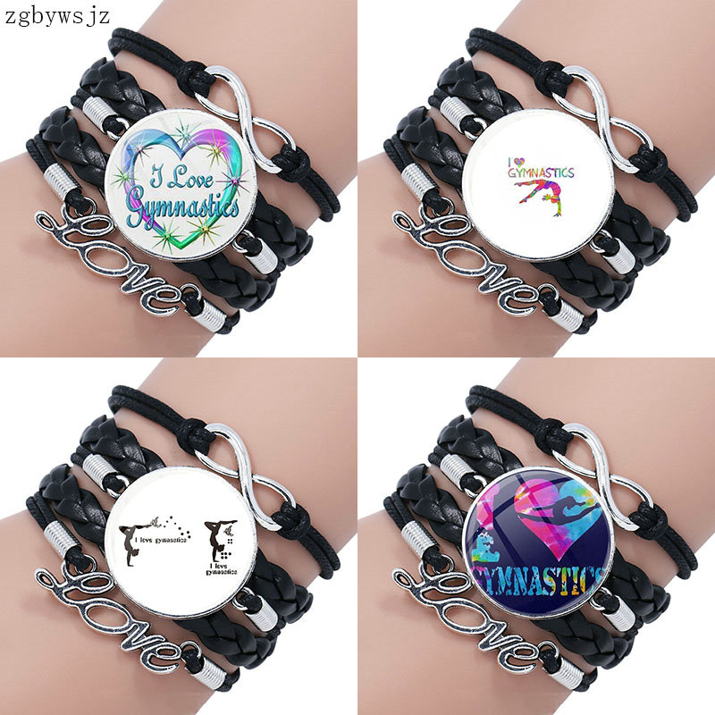 

Vintage Cabochon Colorful Collar Multilayer Black Leather Bracelet Bangle For Women I Love Gymnastics