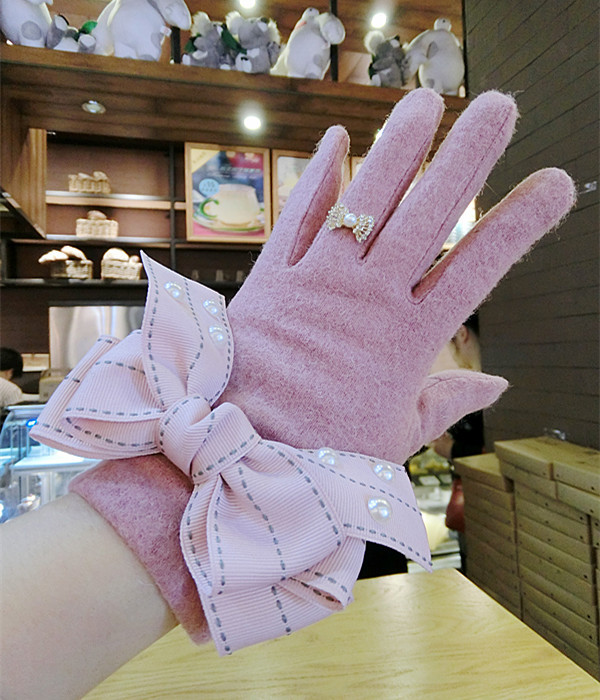 

New Korean touch screen gloves flower girl wool bow warm knitted women spring winter gloves thick gray pink black mittens