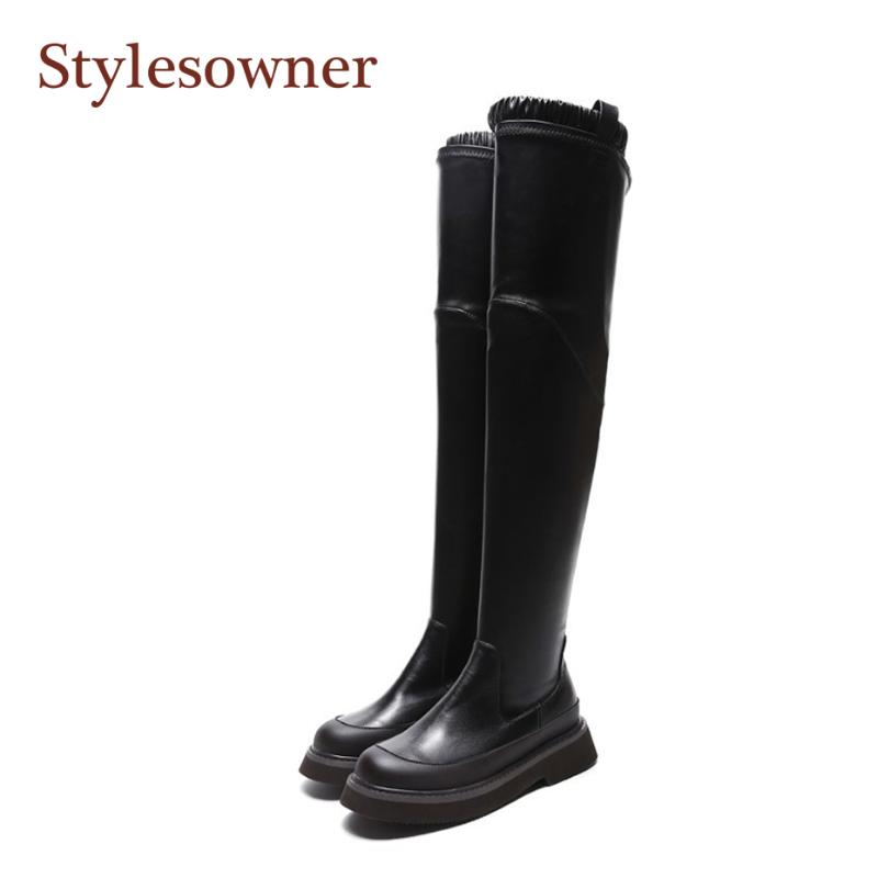 

Stylesowner 2020 New Winter Long Boots Over The Knee Thick Bottom Fashion Black Leather Elastic Boots Gladiator Slim Fahion Bota