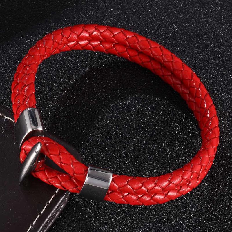 

Red Braided Leather Bracelet Women Fashion Jewelry Stainless Steel Buckle Simple Hook Male Wrist Band Gifts
